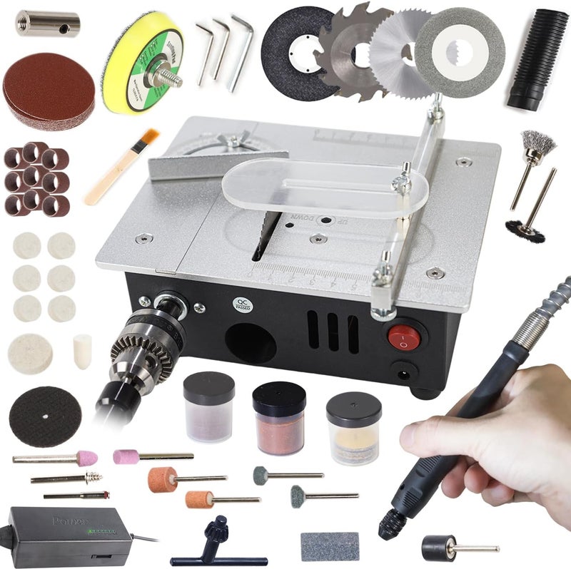 RTOVZON Mini Table Saw, Dual Motors 96W Mini Desktop Electric Saw Cutter 7.1"x5.5", Cutting+Sanding with Speed & Angle Adjust 4* Blades, Available for Wood/PCB/Acrylic - Image 1